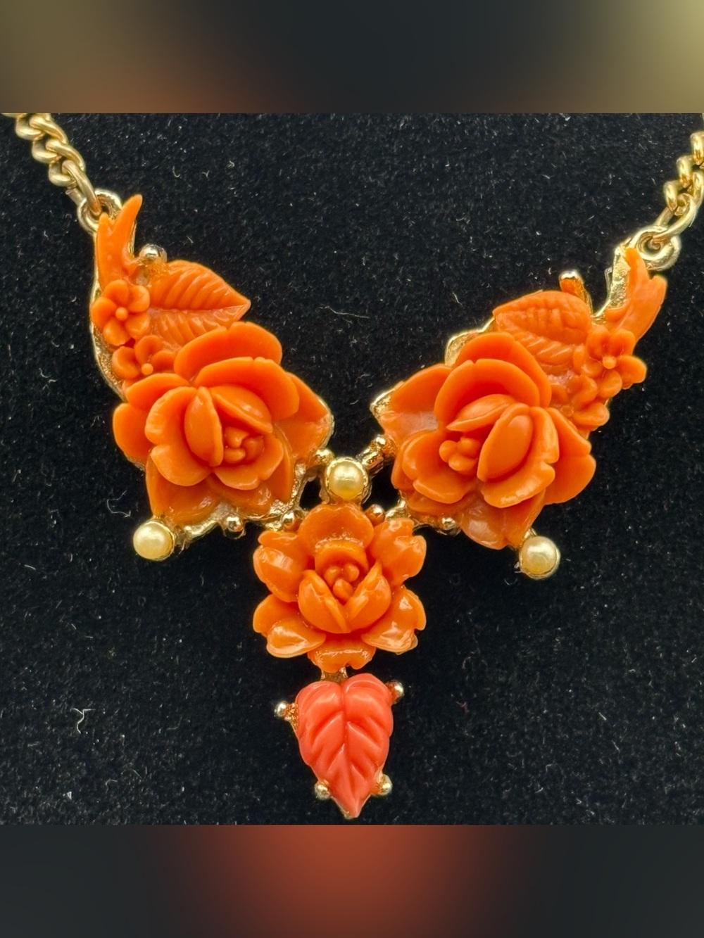 Vintage Celluloid Rose Necklace with Gold Accents and pearls